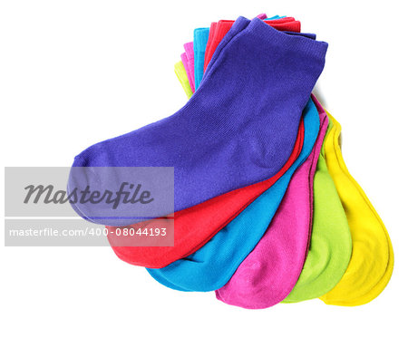 Pile of colorful socks on white background