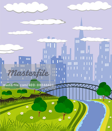 Cartoon illustration of a summer city park
