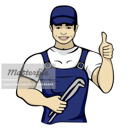 Cartoon plumber holding a monkey wrench. Isolated vector illustration of a worker service handyman character person in a blue cap
