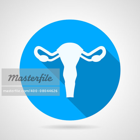 Flat blue round vector icon with white silhouette uterine on gray background. Long shadow design