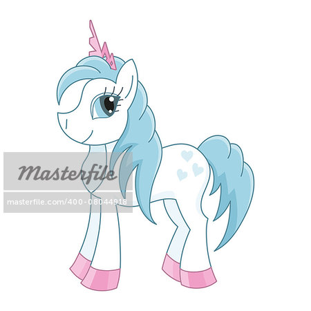 Vector illustration of cute horse princess, royal pony with a magnificent mane and tail, fairy foal