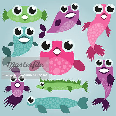 Cartoon sea fish set, funny comic fishes, simple fishes