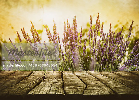 Wooden table with lavender. Wood tabletop with flowers