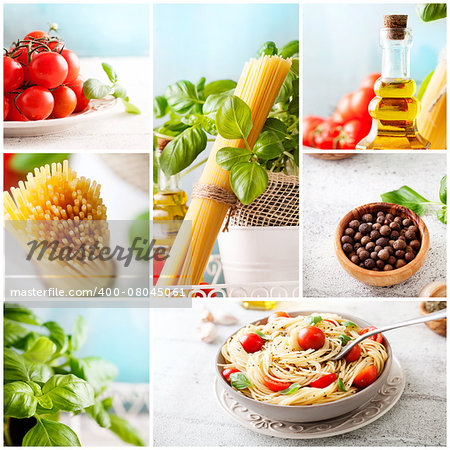 Food series. Collage of pasta images. Spaghetti with tomato, basil and olive oil with garlic.