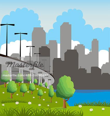 Green City Landscape with tree, river and skyscrapers.