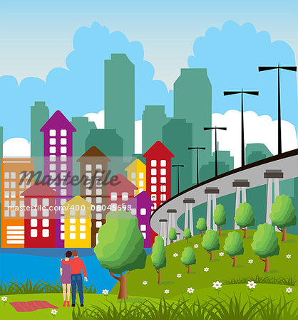 Cartoon illustration of a colorful modern city with couple
