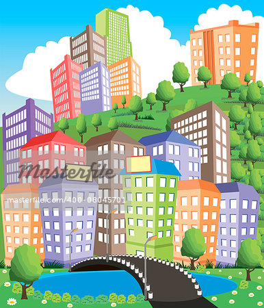 Colorful modern city illustration with road and pond