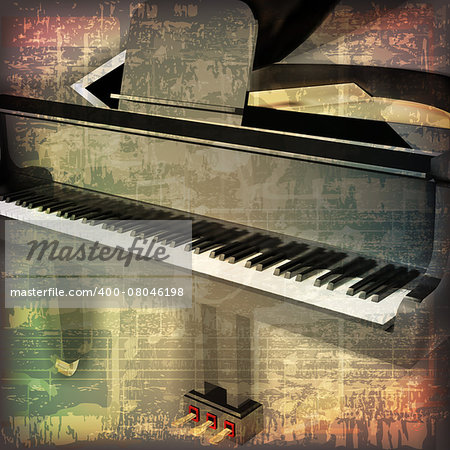 abstract grunge cracked music symbols vintage background with grand piano