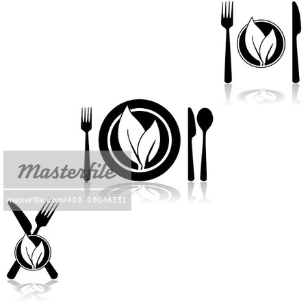 Icon set showing plates and cutlery combined with a couple of leaves, symbolizing vegetarian or vegan food