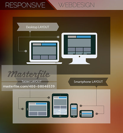 Flat style responsive webdesign technology on dark blurred background, 10 EPS
