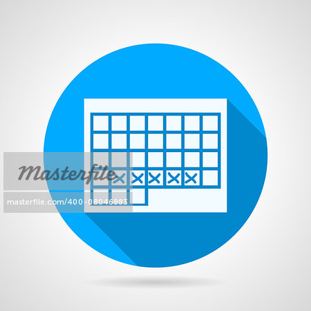 Flat blue round vector icon with white silhouette calendar for menstrual period on gray background. Long shadow design