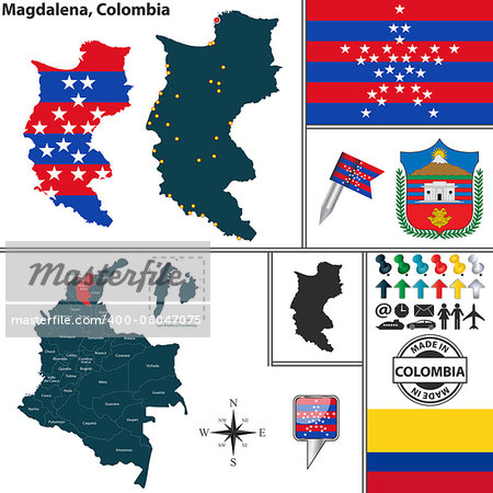 Vector map of region of Magdalena with coat of arms and location on Colombian map