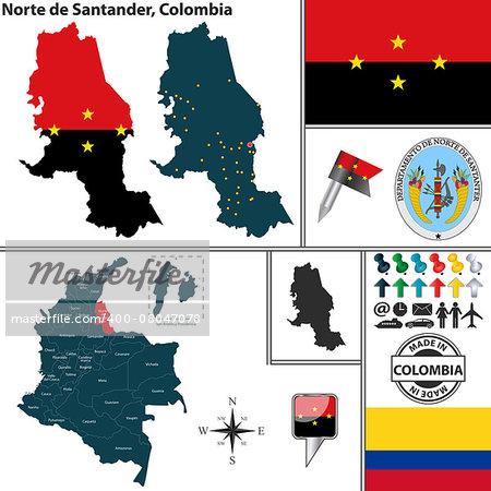 Vector map of region of Norte de Santander with coat of arms and location on Colombian map