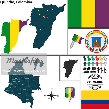 Vector map of region of Quindio with coat of arms and location on Colombian map