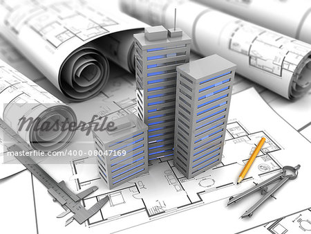 abstract 3d illustration of city buildings over blueprints