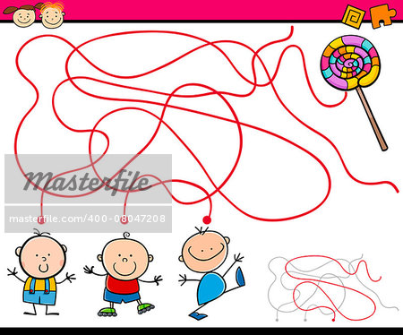 Cartoon Illustration of Education Paths or Maze Game for Preschool Children