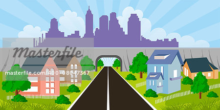Cartoon illustration of a city suburb with road to downtown