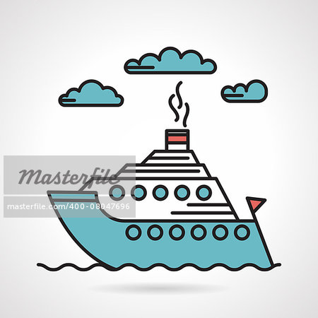 Colored flat design vector icon for seascape with cruise steam ship on white background with blue clouds.
