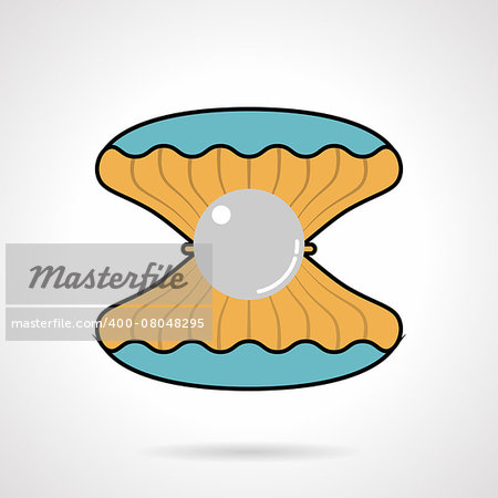 Colored flat style vector icon for opened scallop with pearl on white background. Underwater creatures