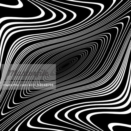 Design monochrome whirl ellipse movement background. Abstract stripy warped twisted backdrop. Vector-art illustration. No gradient