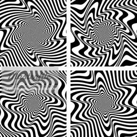 Illusion of torsion and rotation movement. Abstract designs set. Vector art.