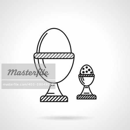 Black flat line icon for boiled chicken egg and quail egg in cups for healthy breakfast on white background.