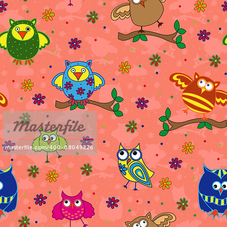 Seamless vector pattern with colorful ornamental owls on a terracotta background