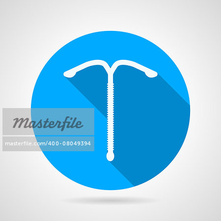 Flat blue round vector icon with white silhouette intrauterine spiral on gray background. Long shadow design