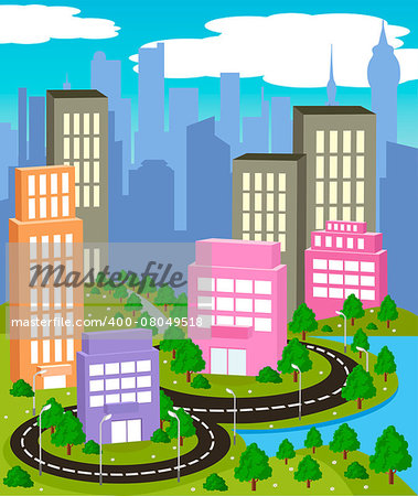 Cartoon illustration of a road to a city