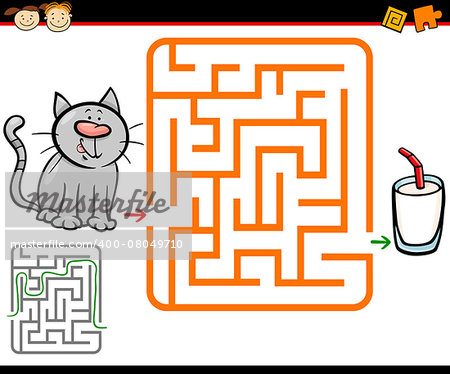 Cartoon Illustration of Education Maze or Labyrinth Game for Preschool Children with Cute Cat and Glass of Milk