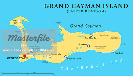 Grand Cayman Island Political Map with capital George Town and important places, the largest of the three Cayman Islands, a British Overseas Territory in the western Caribbean Sea. English labeling and scaling. Illustration.