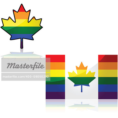 Concept illustration showing the Canadian flag with the colors of the rainbow