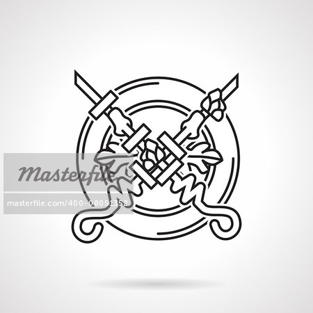 Black flat line vector icon for plate with two crossed kebabs on lettuce on white background.