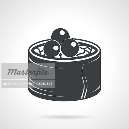 Single black silhouette icon for sushi roll with caviar on white background. Seafood menu