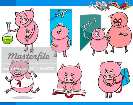 Cartoon Illustration of Piglet Animal Character School Student Set