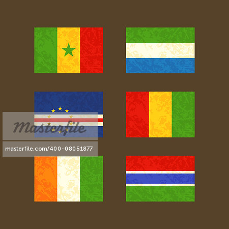 Flags of Senegal, Cape Verde, Ivory Coast, Sierra Leone, Guinea and the Gambia. Flags with light grunge dirty effect.