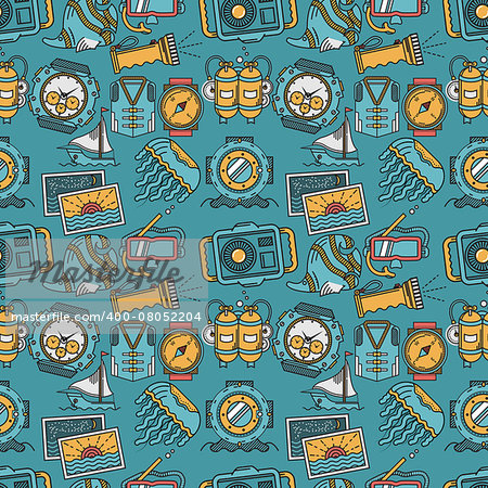 Seamless vector pattern with flat color design elements of sea active leisure and diving on blue background.