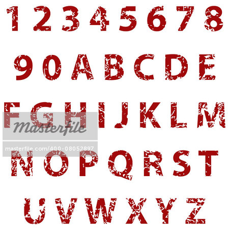 New red grunge full alphabet and numbers