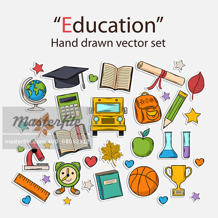 Education hand drawn set. Scrapbook set. Sticker set. Isolated on a White background