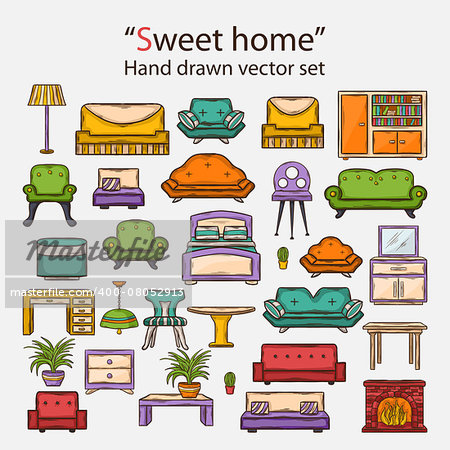 Vector hand drawn icon set with various home interior decor in doddle style with shadow