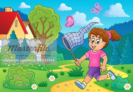 Girl chasing butterflies theme image 3 - eps10 vector illustration.