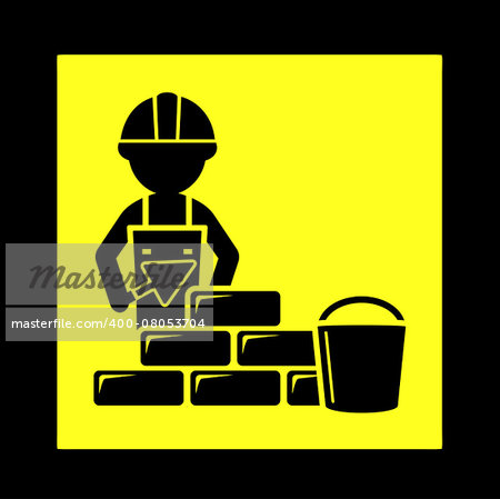 yellow construction icon with builder laying brick wall