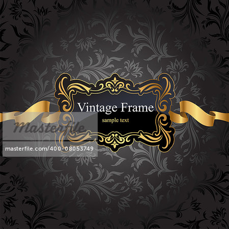 Vintage gold frame on black damask background. Vector illustration.