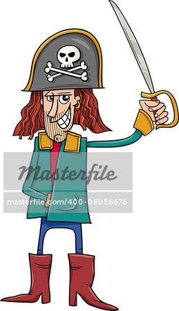 Cartoon Illustration of Funny Pirate Captain with Sword and Jolly Roger Sign