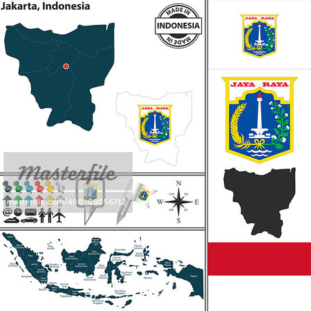 Vector map of region Jakarta with coat of arms and location on Indonesian map