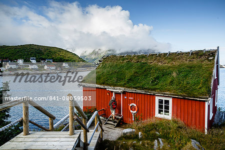 Traditional fishing cabin converted to a hotel, Reine Rorbuer hotel in Reine, Lofoten Islands, Arctic, Norway.Scandinavia, Europe