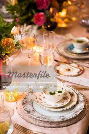 Creamy Soup with Herb Garnish in Teacup at Wedding