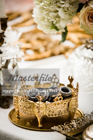 Ornate Golden Bowl on Sofre-ye-Aghd at Persian Wedding Ceremony