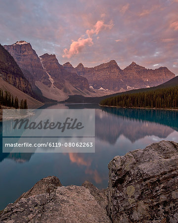 Moraine Lake at sunrise with pink clouds, Banff National Park, UNESCO World Heritage Site, Alberta, Rocky Mountains, Canada, North America Moraine Lake at sunrise with pink clouds, Banff National Park, UNESCO World Heritage Site, Alberta, Rocky Mountains, Canada, North America