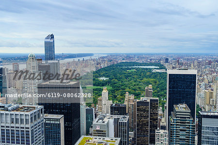 High angle view overlooking Central Park, Manhattan, New York City, New York, United States of America, North America